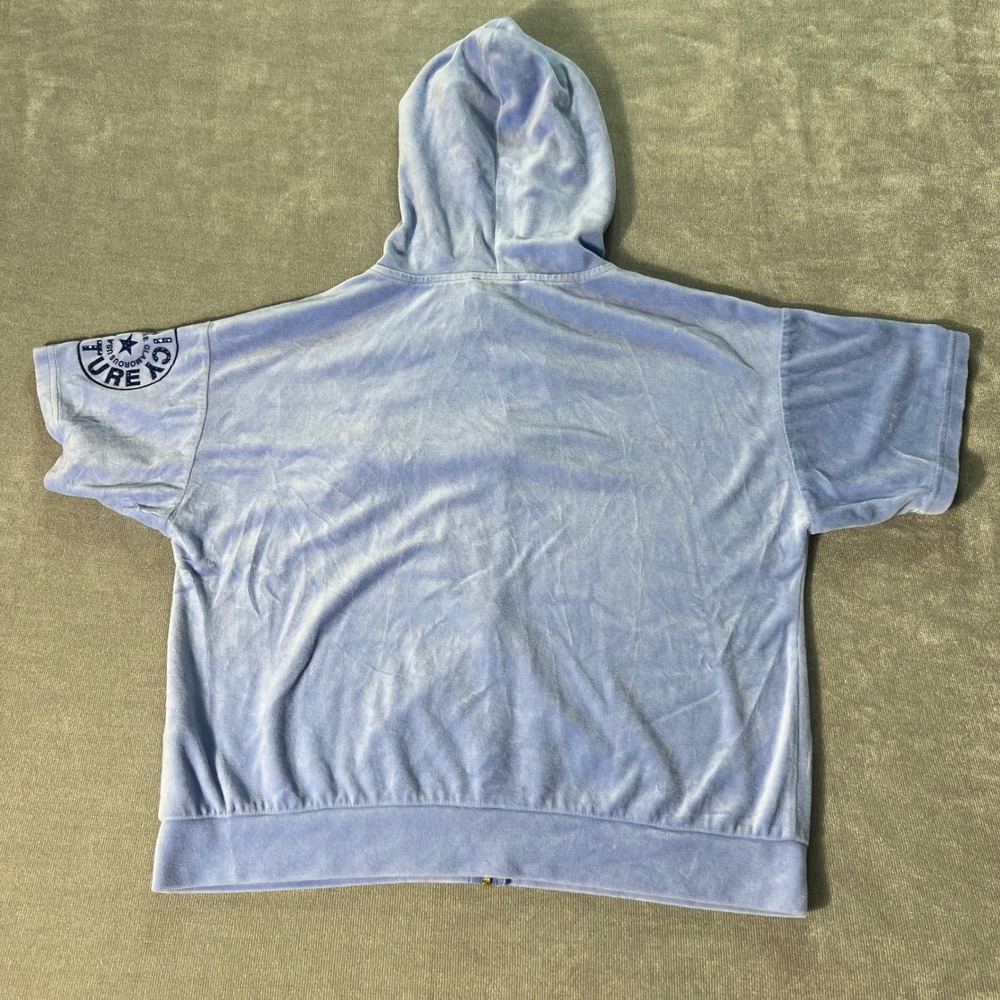Juicy Couture Velour Short Sleeve Hoodie Blue Rhinestone Logo Zip Up Small - Picture 7 of 8